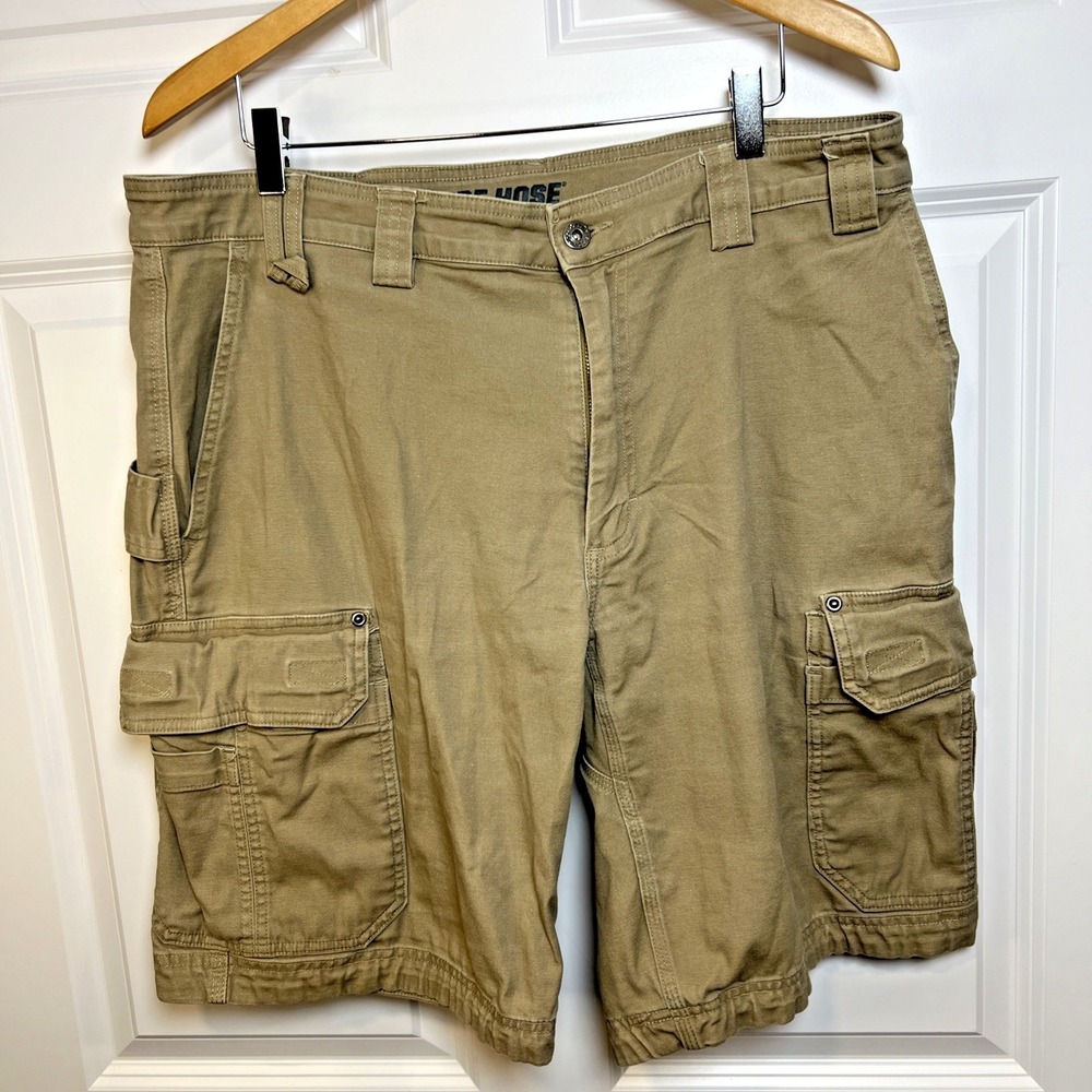 Duluth Trading Flex Fire Hose Cargo Shorts Men 38 Khaki Workwear Utility Relaxed